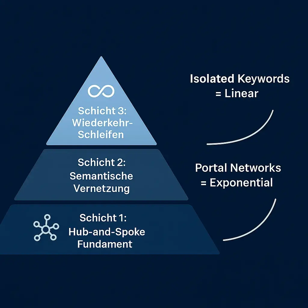 Pyramidenmodell der Wissensarchitektur mit Hub-and-Spoke-Fundament, semantischer Vernetzung und Rückkopplungsschleifen für stabile KI-Verständlichkeit.
